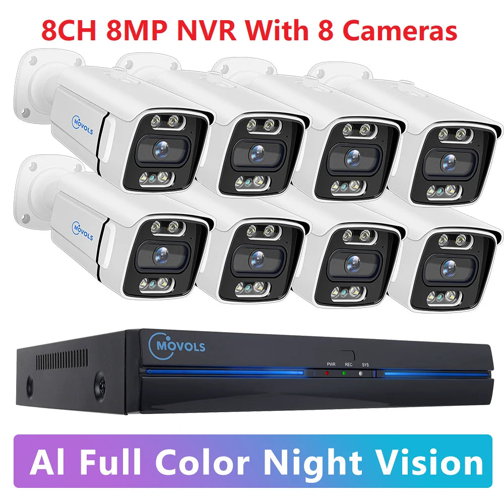 Sistema de Cámaras de Seguridad MOVOLS 8CH 5MP 8MP POE, Audio Bidireccional, Kit NVR 8MP, Cámara IP Exterior CCTV, H.265, P2P, Conjunto de Videovigilancia