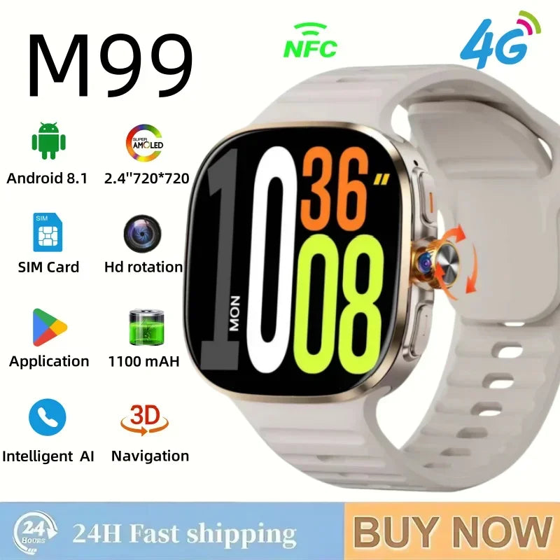 Reloj inteligente M99 5G: pantalla AMOLED de 2,4", cámara giratoria, soporte SIM y WiFi para llamadas independientes y redes sociales.