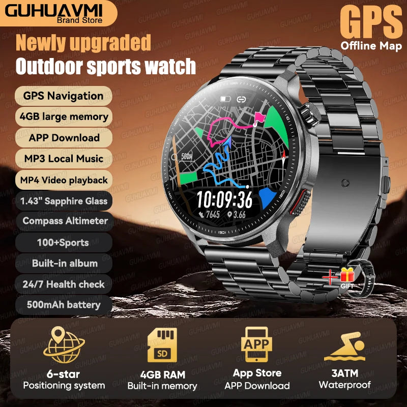 Reloj Inteligente 2026 con Mapa Sin Conexión, GPS Integrado, Posicionamiento Preciso, 4GB de Memoria, Brújula, Natación, Llamadas Bluetooth, Deportivo Militar para Hombre