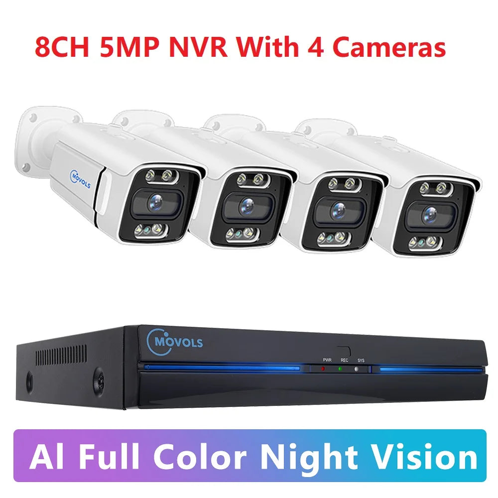 Sistema de Cámaras de Seguridad MOVOLS 8CH 5MP 8MP POE, Audio Bidireccional, Kit NVR 8MP, Cámara IP Exterior CCTV, H.265, P2P, Conjunto de Videovigilancia