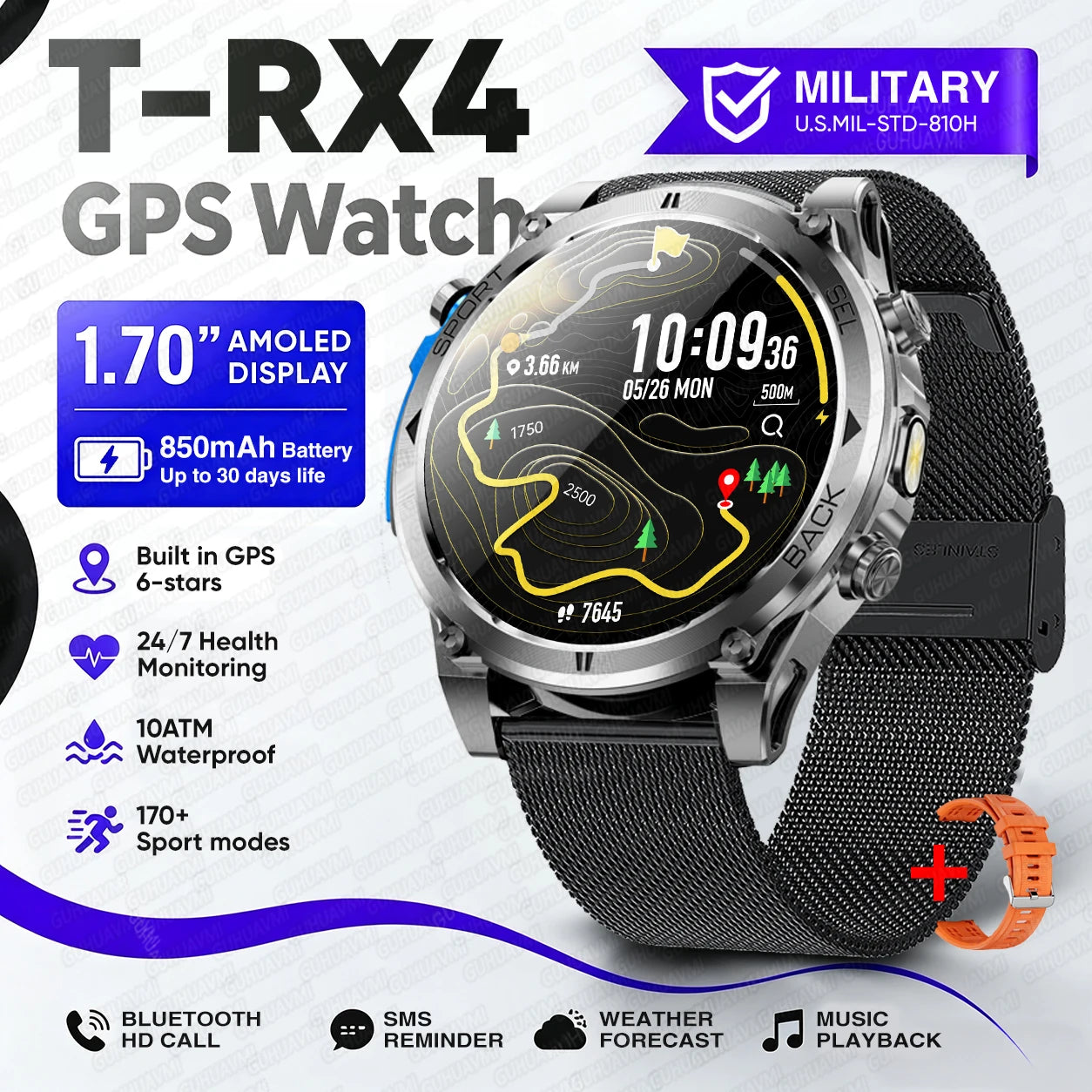 Nuevo reloj inteligente T-RX4 Ultra para deportes al aire libre, con GPS integrado, brújula, altímetro, barómetro, resistente al agua 10ATM, reloj inteligente militar para hombres