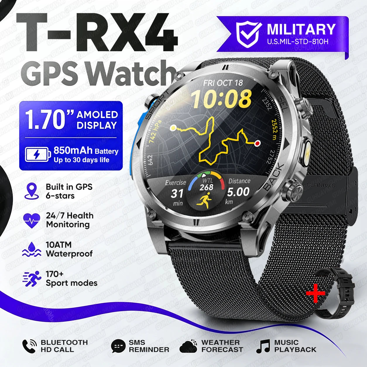 Nuevo reloj inteligente T-RX4 Ultra para deportes al aire libre, con GPS integrado, brújula, altímetro, barómetro, resistente al agua 10ATM, reloj inteligente militar para hombres