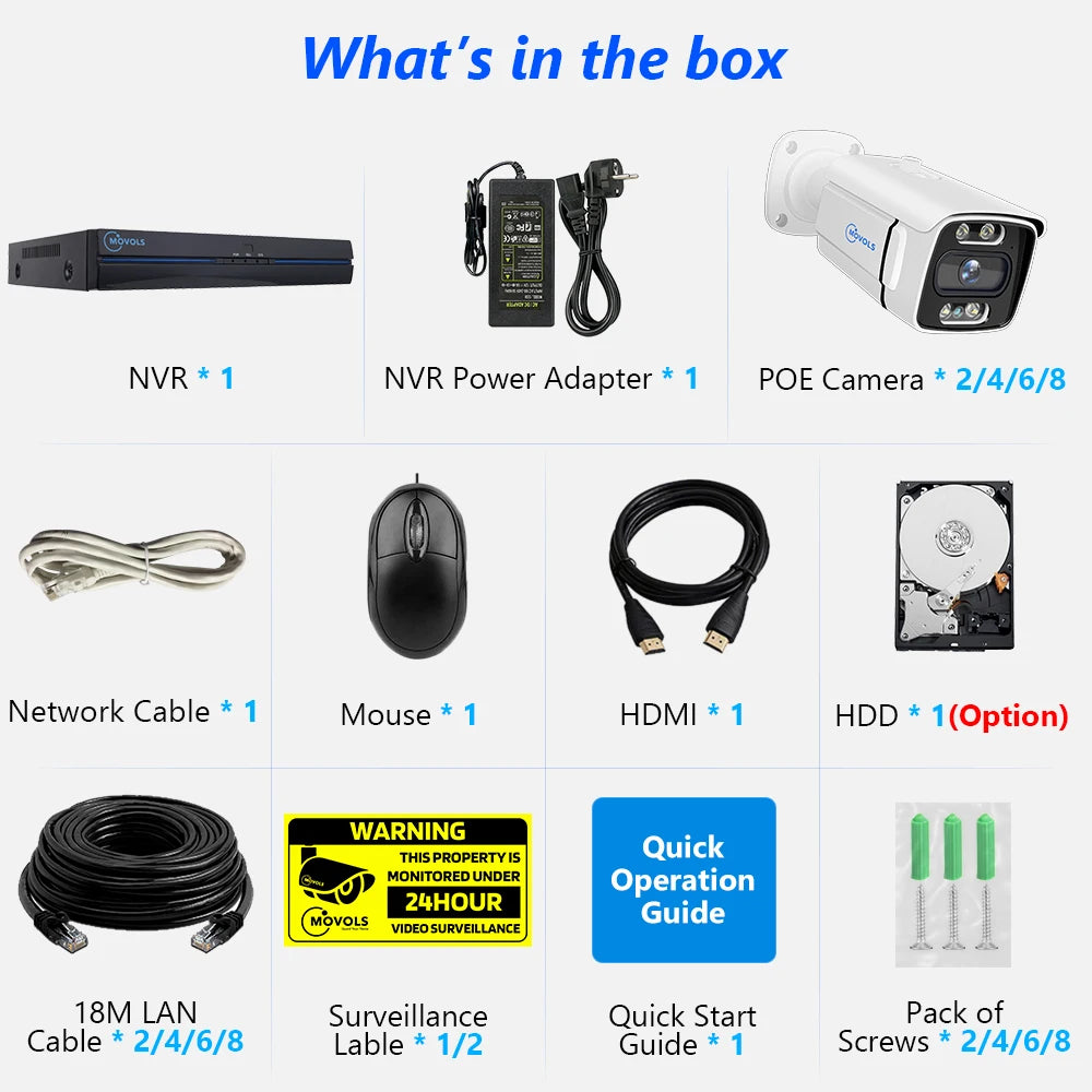 Sistema de Cámaras de Seguridad MOVOLS 8CH 5MP 8MP POE, Audio Bidireccional, Kit NVR 8MP, Cámara IP Exterior CCTV, H.265, P2P, Conjunto de Videovigilancia