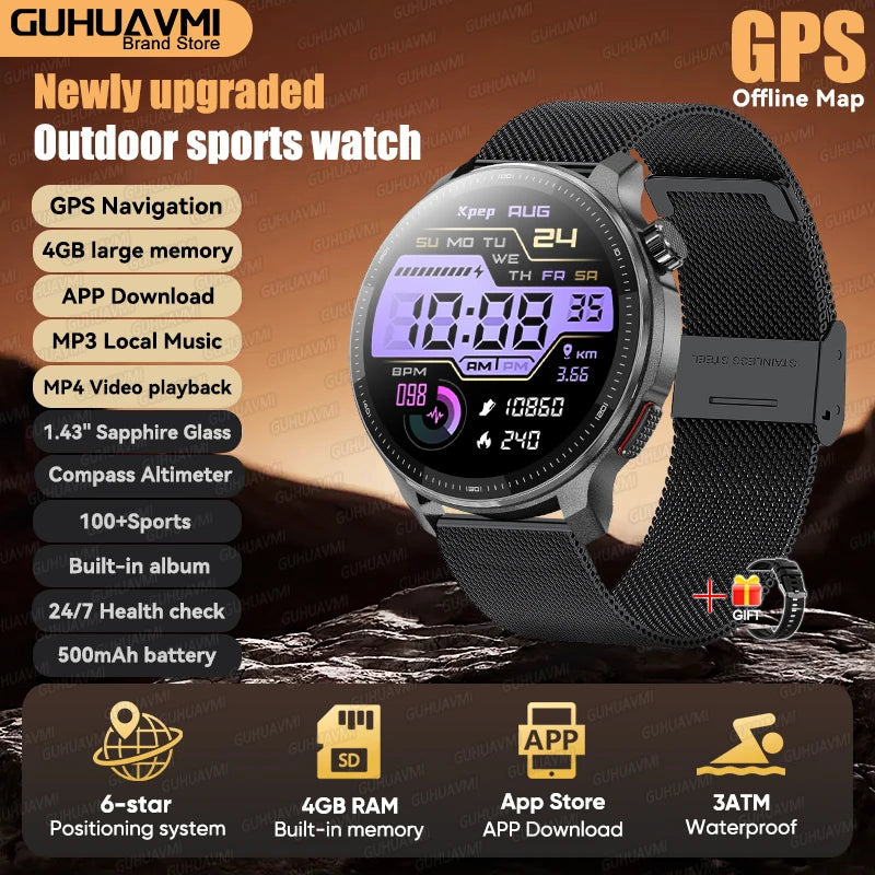 Reloj Inteligente 2026 con Mapa Sin Conexión, GPS Integrado, Posicionamiento Preciso, 4GB de Memoria, Brújula, Natación, Llamadas Bluetooth, Deportivo Militar para Hombre