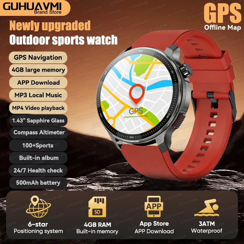 Reloj Inteligente 2026 con Mapa Sin Conexión, GPS Integrado, Posicionamiento Preciso, 4GB de Memoria, Brújula, Natación, Llamadas Bluetooth, Deportivo Militar para Hombre