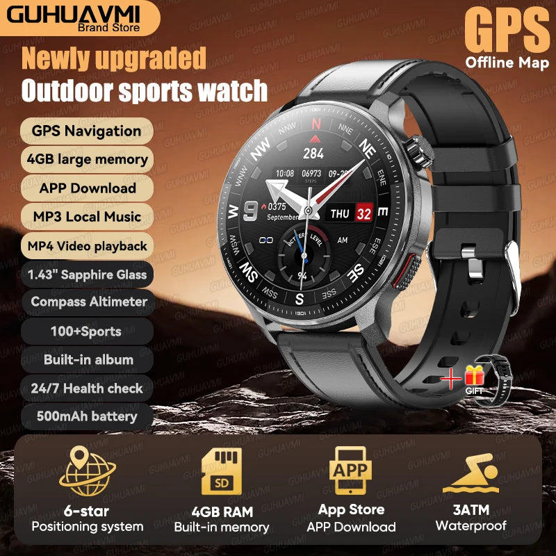 Reloj Inteligente 2026 con Mapa Sin Conexión, GPS Integrado, Posicionamiento Preciso, 4GB de Memoria, Brújula, Natación, Llamadas Bluetooth, Deportivo Militar para Hombre