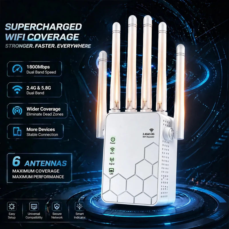 Extensor WiFi 6 AX1800 de Doble Banda, Amplificador de Señal de 1800Mbps, Repetidor de 5GHz y 2.4GHz, Amplificador de Internet Inalámbrico de Alta Velocidad para Toda la Casa