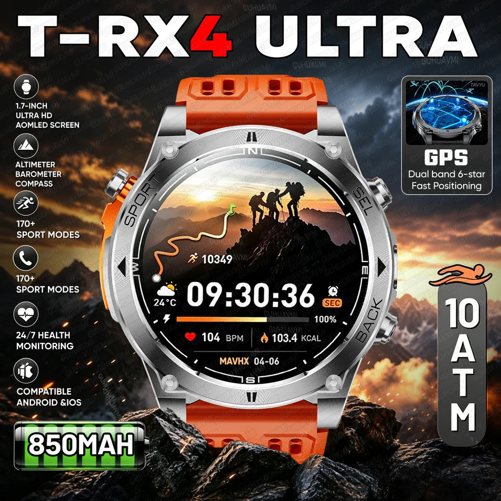 Nuevo reloj inteligente T-RX4 Ultra para deportes al aire libre, con GPS integrado, brújula, altímetro, barómetro, resistente al agua 10ATM, reloj inteligente militar para hombres