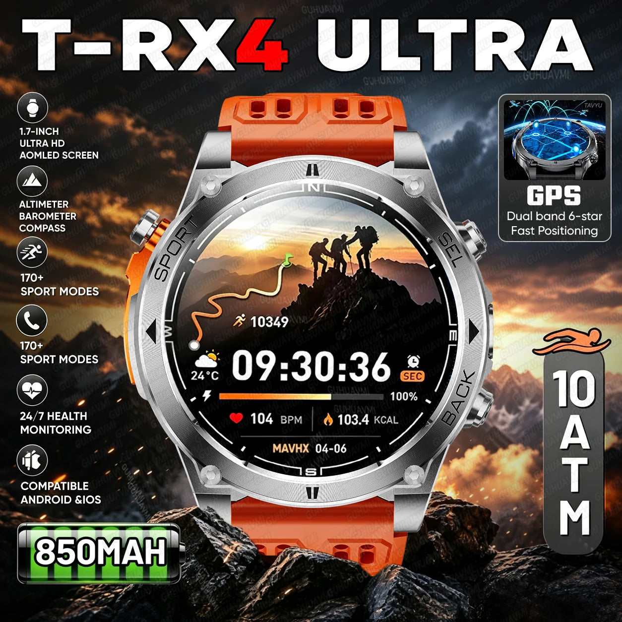 Nuevo reloj inteligente T-RX4 Ultra para deportes al aire libre, con GPS integrado, brújula, altímetro, barómetro, resistente al agua 10ATM, reloj inteligente militar para hombres
