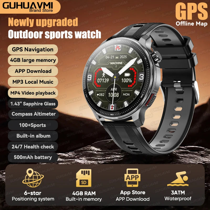 Reloj Inteligente 2026 con Mapa Sin Conexión, GPS Integrado, Posicionamiento Preciso, 4GB de Memoria, Brújula, Natación, Llamadas Bluetooth, Deportivo Militar para Hombre