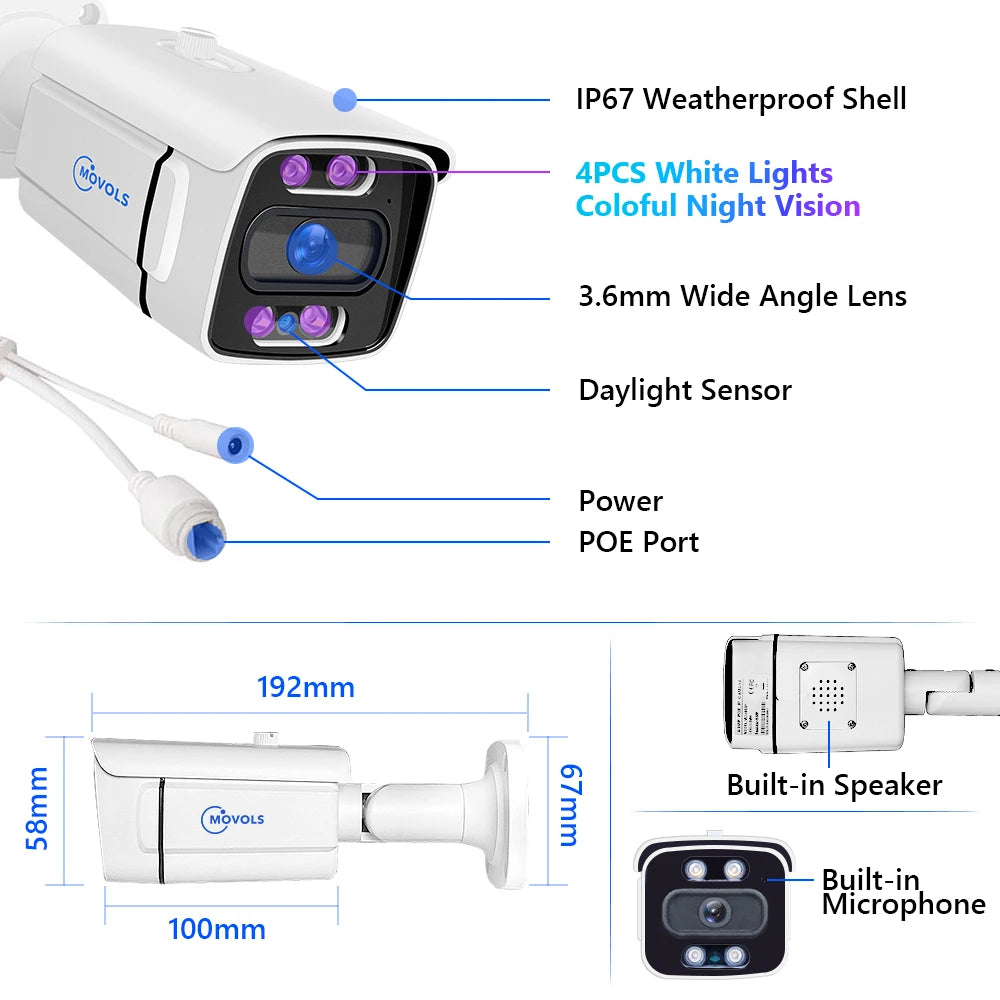Sistema de Cámaras de Seguridad MOVOLS 8CH 5MP 8MP POE, Audio Bidireccional, Kit NVR 8MP, Cámara IP Exterior CCTV, H.265, P2P, Conjunto de Videovigilancia