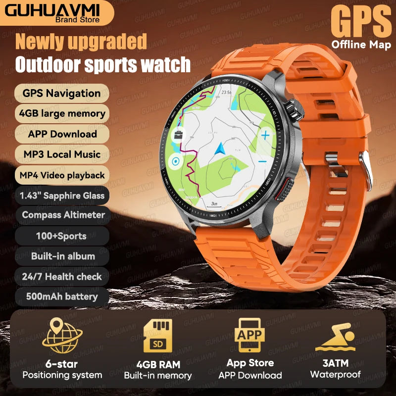 Reloj Inteligente 2026 con Mapa Sin Conexión, GPS Integrado, Posicionamiento Preciso, 4GB de Memoria, Brújula, Natación, Llamadas Bluetooth, Deportivo Militar para Hombre