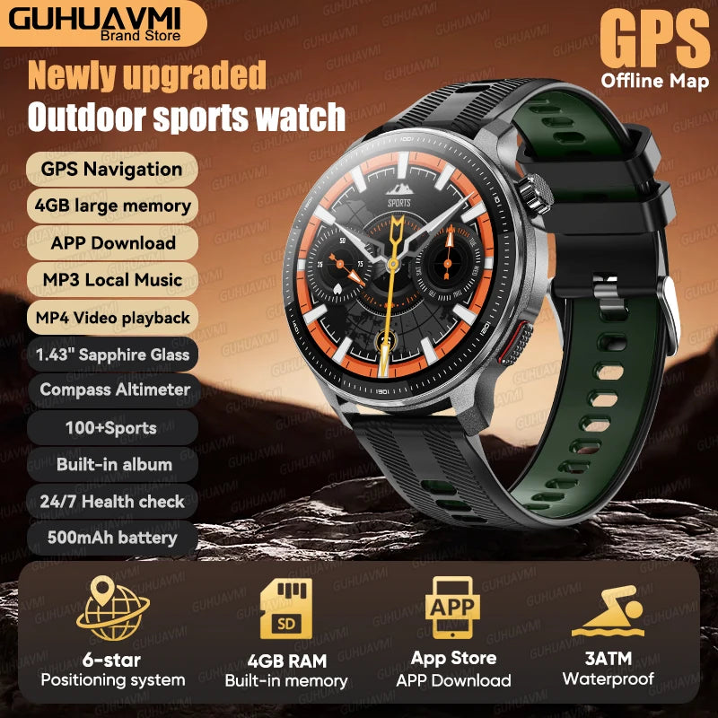 Reloj Inteligente 2026 con Mapa Sin Conexión, GPS Integrado, Posicionamiento Preciso, 4GB de Memoria, Brújula, Natación, Llamadas Bluetooth, Deportivo Militar para Hombre