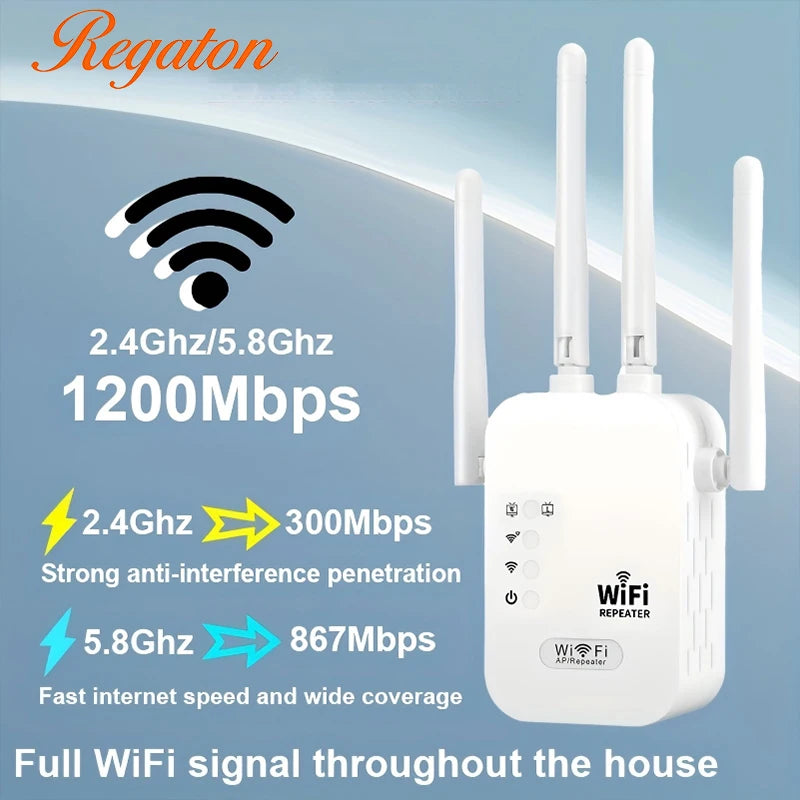 Repetidor WiFi Inalámbrico de 1200Mbps, Amplificador de Señal WiFi de Doble Banda 2.4G 5G, Extensor WiFi 802.11ac Gigabit, Router WPS