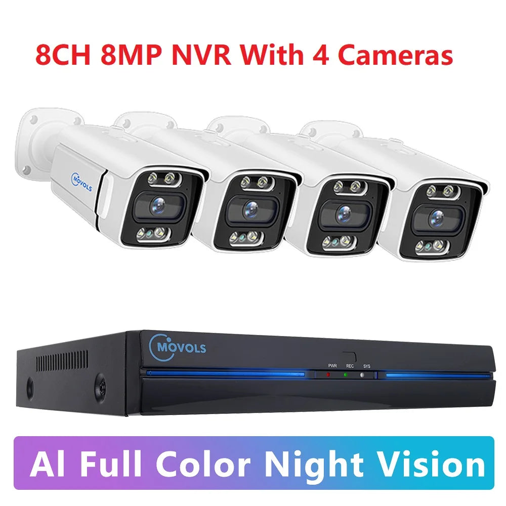 Sistema de Cámaras de Seguridad MOVOLS 8CH 5MP 8MP POE, Audio Bidireccional, Kit NVR 8MP, Cámara IP Exterior CCTV, H.265, P2P, Conjunto de Videovigilancia