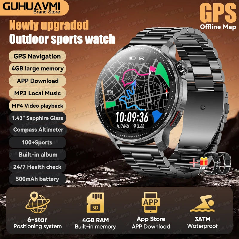 Reloj Inteligente 2026 con Mapa Sin Conexión, GPS Integrado, Posicionamiento Preciso, 4GB de Memoria, Brújula, Natación, Llamadas Bluetooth, Deportivo Militar para Hombre