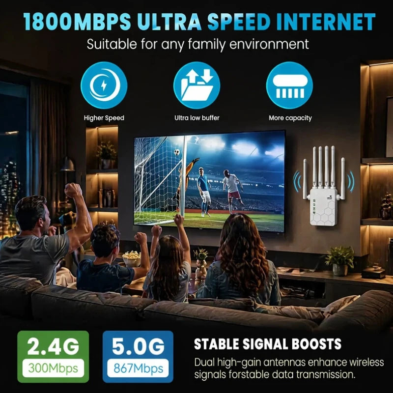 Extensor WiFi 6 AX1800 de Doble Banda, Amplificador de Señal de 1800Mbps, Repetidor de 5GHz y 2.4GHz, Amplificador de Internet Inalámbrico de Alta Velocidad para Toda la Casa
