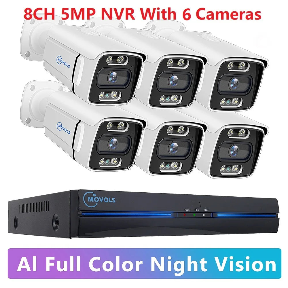 Sistema de Cámaras de Seguridad MOVOLS 8CH 5MP 8MP POE, Audio Bidireccional, Kit NVR 8MP, Cámara IP Exterior CCTV, H.265, P2P, Conjunto de Videovigilancia
