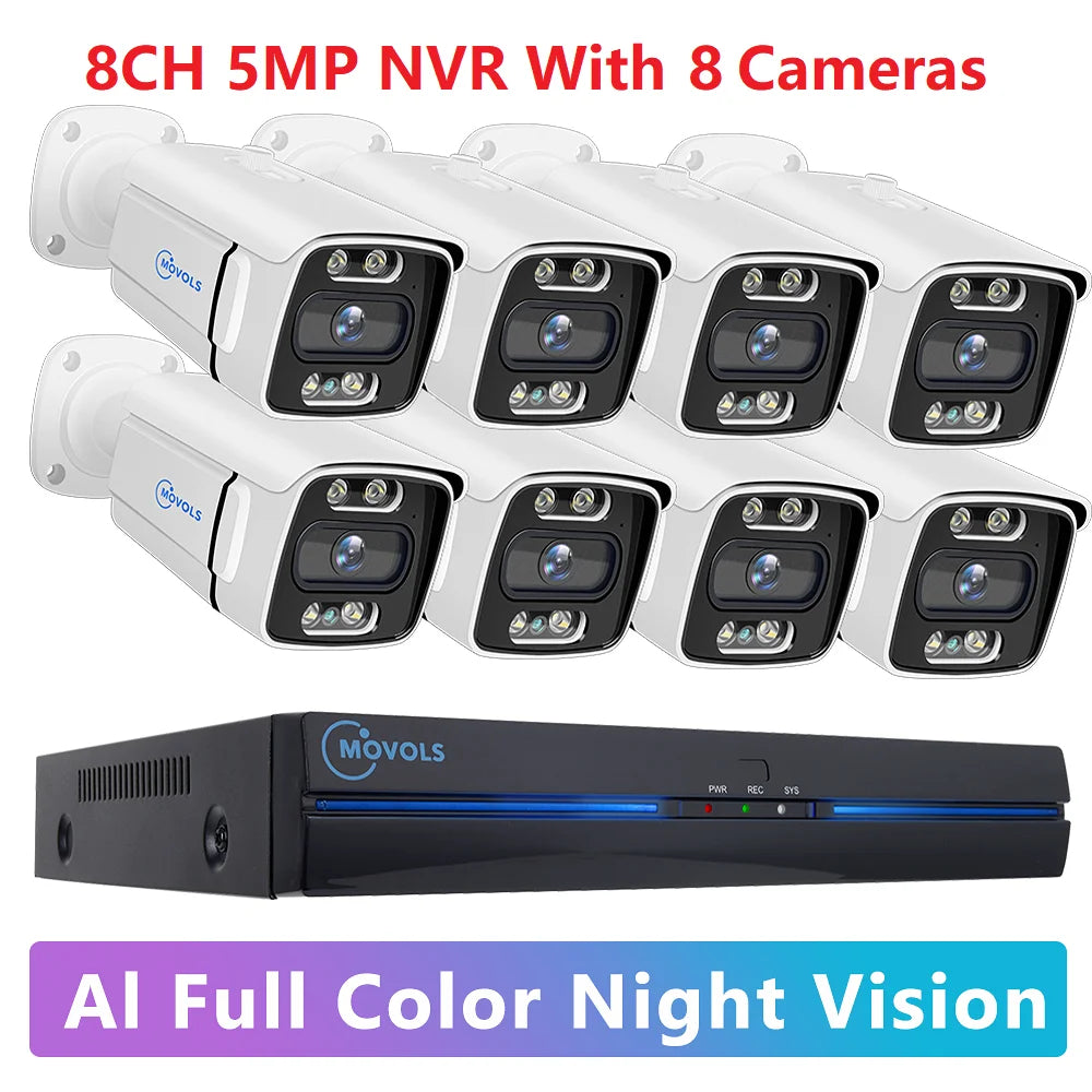 Sistema de Cámaras de Seguridad MOVOLS 8CH 5MP 8MP POE, Audio Bidireccional, Kit NVR 8MP, Cámara IP Exterior CCTV, H.265, P2P, Conjunto de Videovigilancia