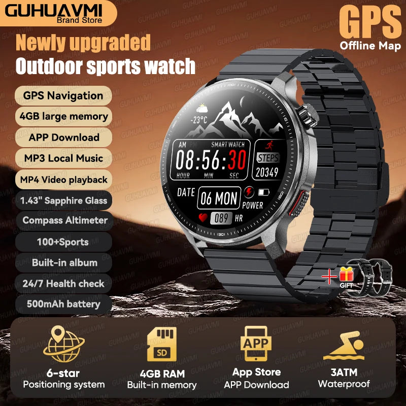 Reloj Inteligente 2026 con Mapa Sin Conexión, GPS Integrado, Posicionamiento Preciso, 4GB de Memoria, Brújula, Natación, Llamadas Bluetooth, Deportivo Militar para Hombre