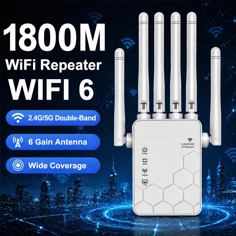 Extensor WiFi 6 AX1800 de Doble Banda, Amplificador de Señal de 1800Mbps, Repetidor de 5GHz y 2.4GHz, Amplificador de Internet Inalámbrico de Alta Velocidad para Toda la Casa