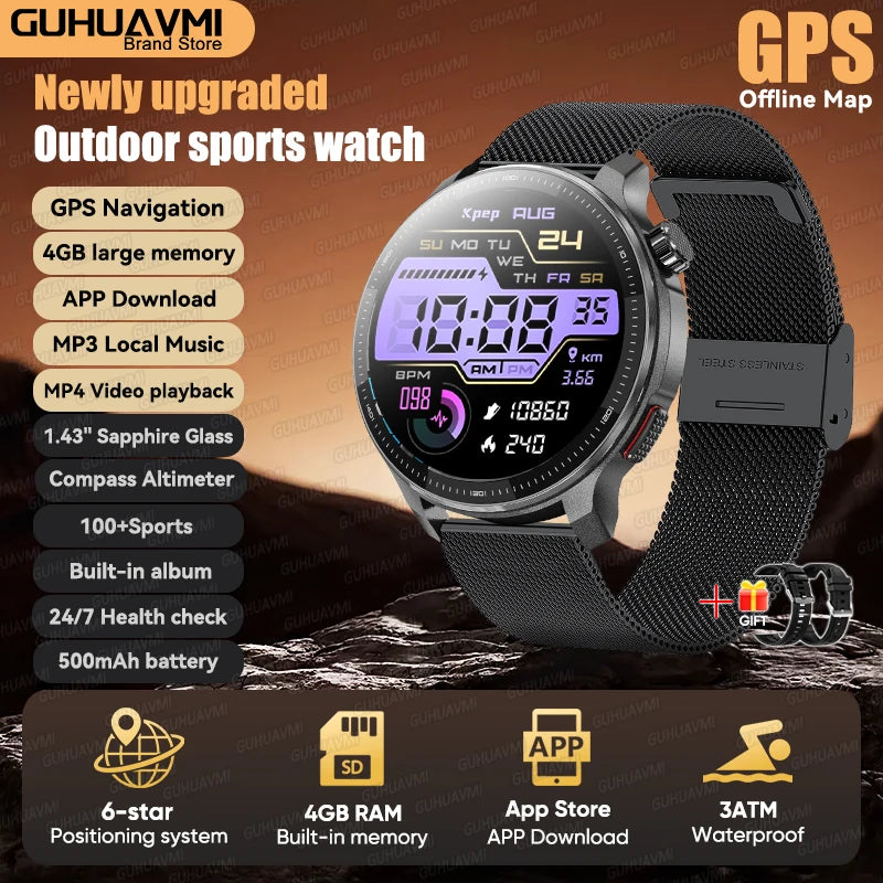 Reloj Inteligente 2026 con Mapa Sin Conexión, GPS Integrado, Posicionamiento Preciso, 4GB de Memoria, Brújula, Natación, Llamadas Bluetooth, Deportivo Militar para Hombre