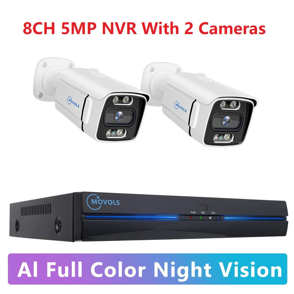 Sistema de Cámaras de Seguridad MOVOLS 8CH 5MP 8MP POE, Audio Bidireccional, Kit NVR 8MP, Cámara IP Exterior CCTV, H.265, P2P, Conjunto de Videovigilancia