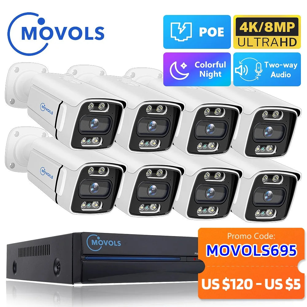 Sistema de Cámaras de Seguridad MOVOLS 8CH 5MP 8MP POE, Audio Bidireccional, Kit NVR 8MP, Cámara IP Exterior CCTV, H.265, P2P, Conjunto de Videovigilancia