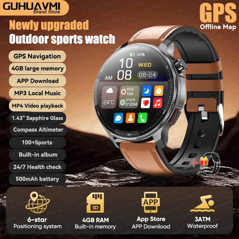 Reloj Inteligente 2026 con Mapa Sin Conexión, GPS Integrado, Posicionamiento Preciso, 4GB de Memoria, Brújula, Natación, Llamadas Bluetooth, Deportivo Militar para Hombre