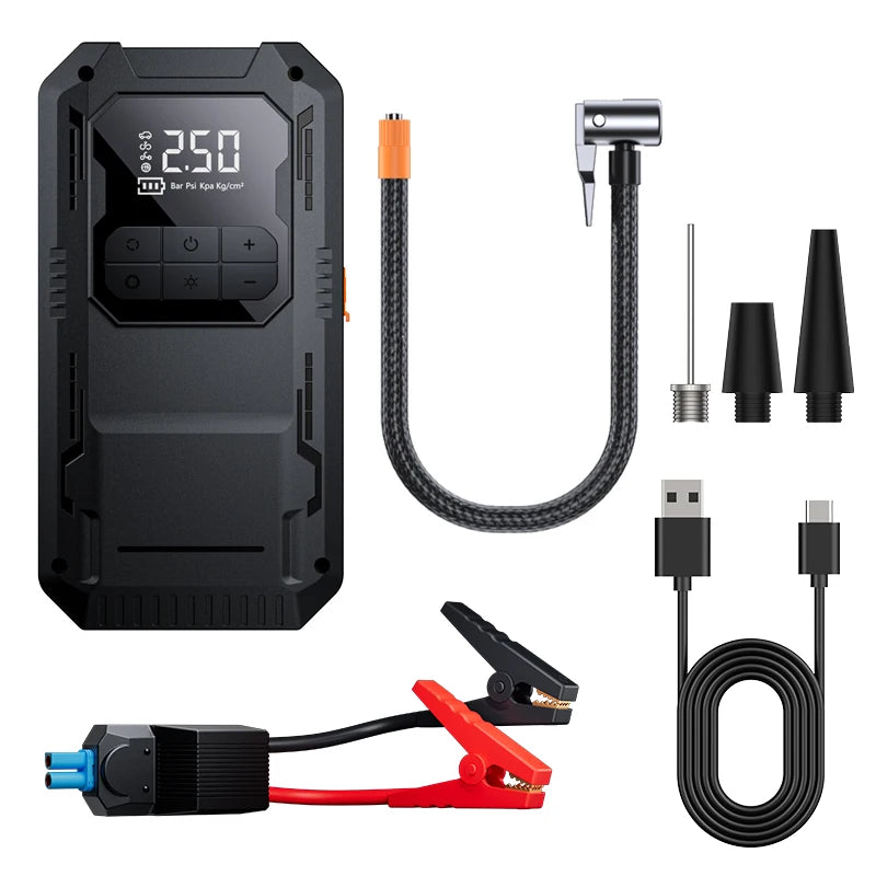 Arrancador de batería de coche 4 en 1 con compresor de aire, dispositivo de refuerzo de batería para coche, bomba de aire de 150PSI, inflador de neumáticos portátil