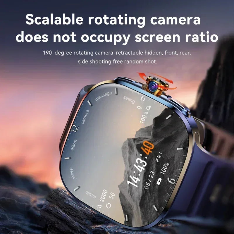 Reloj inteligente M99 5G: pantalla AMOLED de 2,4", cámara giratoria, soporte SIM y WiFi para llamadas independientes y redes sociales.